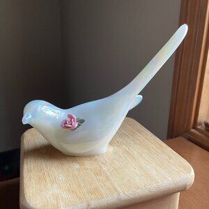 Fenton Pearly Sentiments Iridescent Dove Bird Figurine w/ Pink Rose